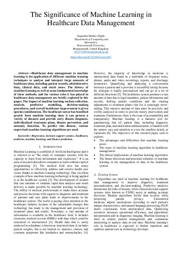 (PDF) The Significance of Machine Learning in Healthcare Data Management