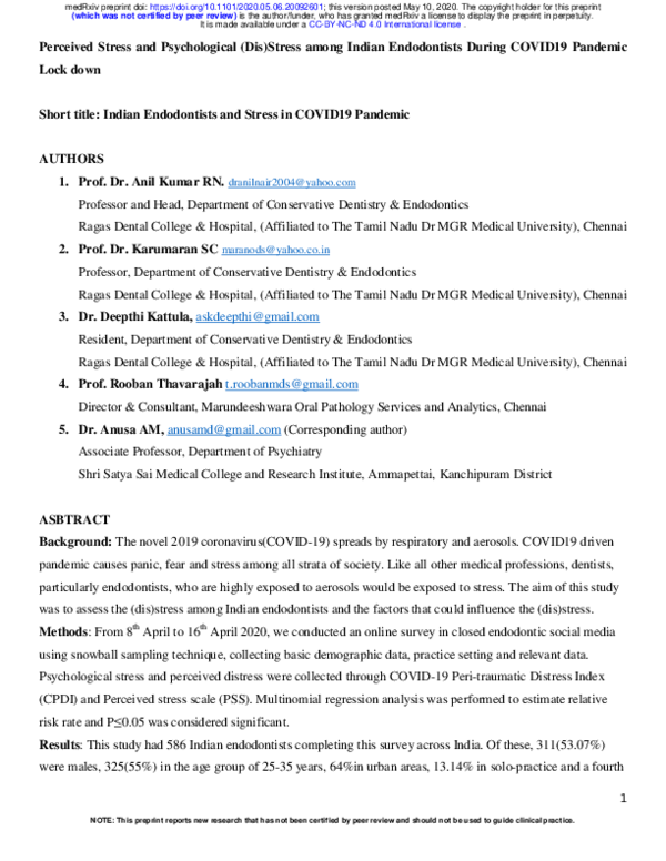 (PDF) Perceived Stress and Psychological (Dis)Stress among Indian ...