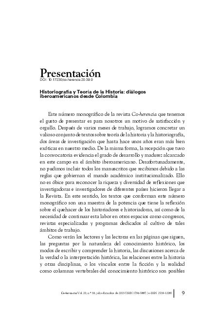 Presentación Dossier. Historiografía y Teoría de la Historia: diálogos iberoamericanos desde Colombia