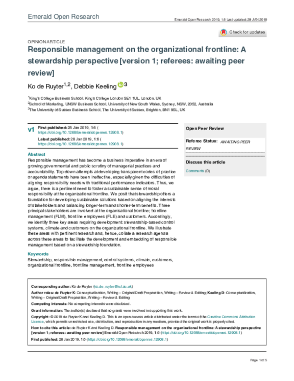 (PDF) Responsible management on the organizational frontline: A ...
