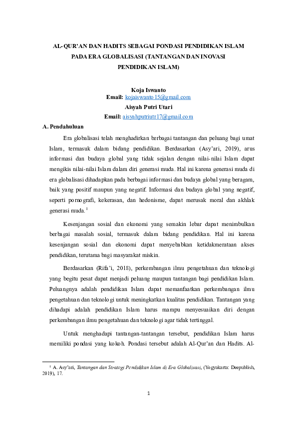 (PDF) NEW AL QUR AN DAN HADITS SEBAGAI PONDASI PENDIDIKAN ISLAM 1