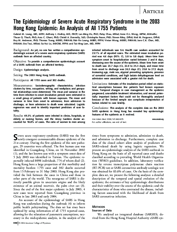 (PDF) The Epidemiology of Severe Acute Respiratory Syndrome in the 2003 ...