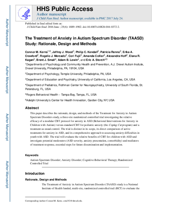 (PDF) The Treatment of Anxiety in Autism Spectrum Disorder (TAASD ...