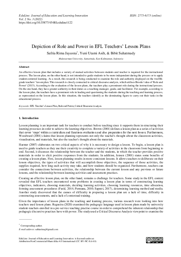 (PDF) Depiction of Role and Power in EFL Teachers’ Lesson Plans
