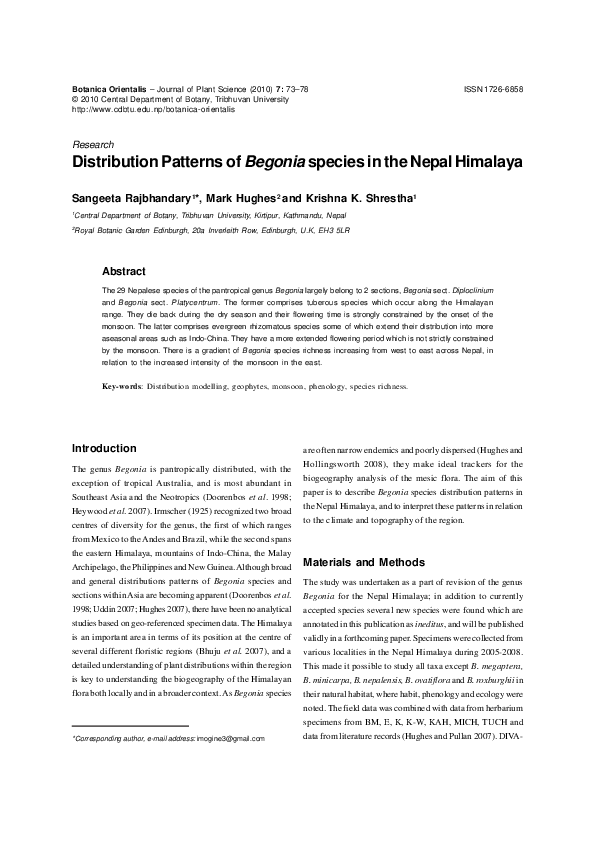 (PDF) Distribution Patterns of Begonia species in the Nepal Himalaya
