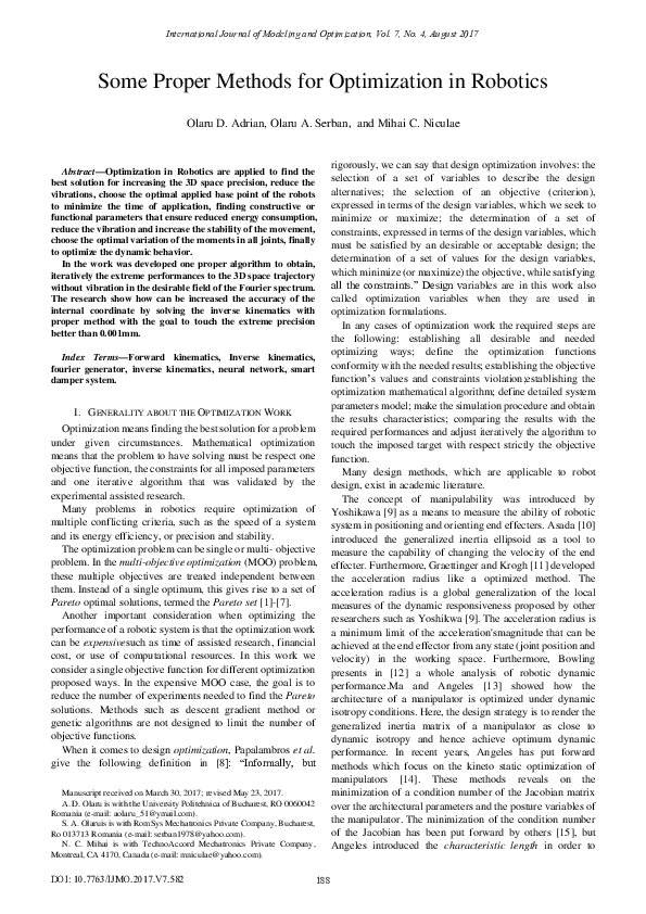 (PDF) Some Proper Methods for Optimization in Robotics