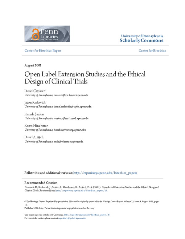 (PDF) Open Label Extension Studies & the Ethical Design of Clinical Trials