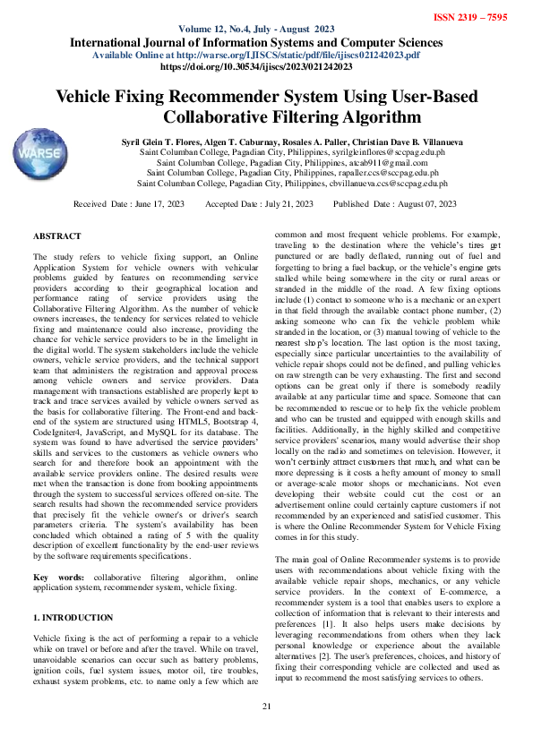 (PDF) Vehicle Fixing Recommender System Using User-Based Collaborative ...