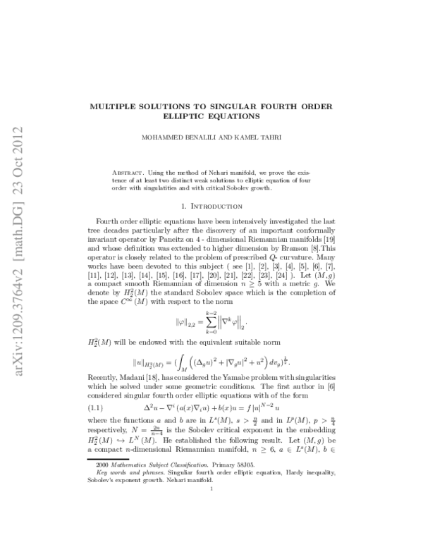 (PDF) Multiple solutions to singular fourth order elliptic equations on ...