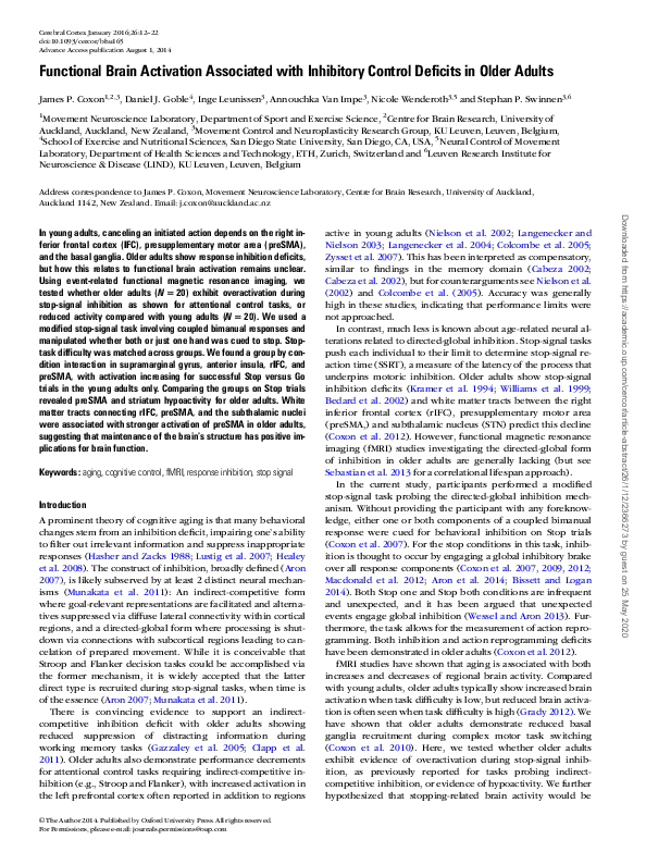 (PDF) Functional Brain Activation Associated with Inhibitory Control ...