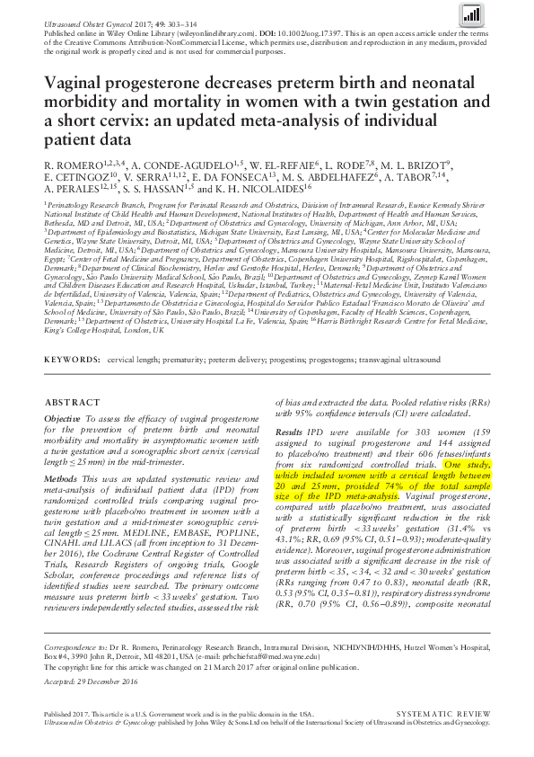 (PDF) Vaginal progesterone in twin gestation with a short cervix