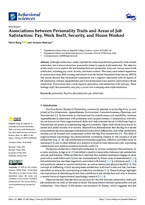 (PDF) Associations between Personality Traits and Areas of Job ...