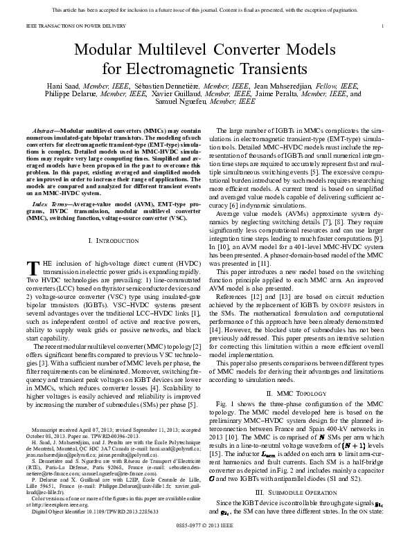 (PDF) Modular Multilevel Converter Models for Electromagnetic Transients