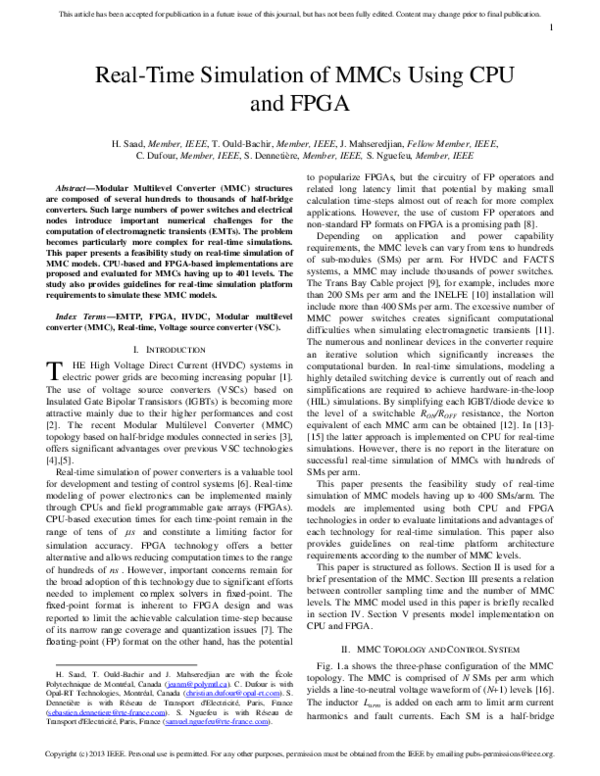 (PDF) Real-Time Simulation of MMCs Using CPU and FPGA