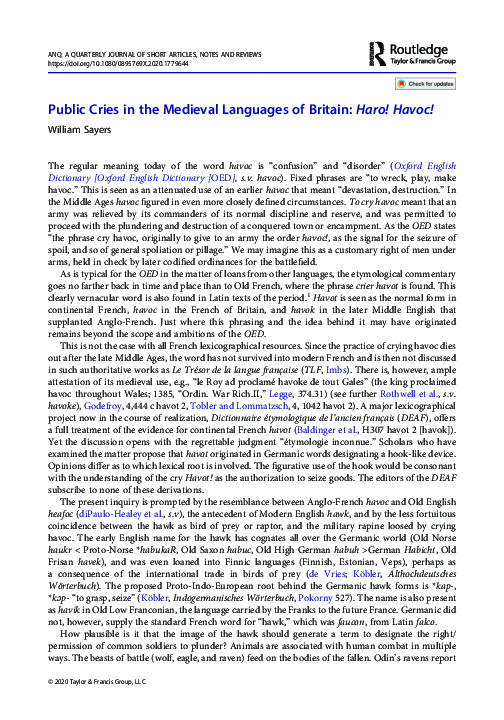 (PDF) Public Cries in the Medieval Languages of Britain: Haro! Havoc!