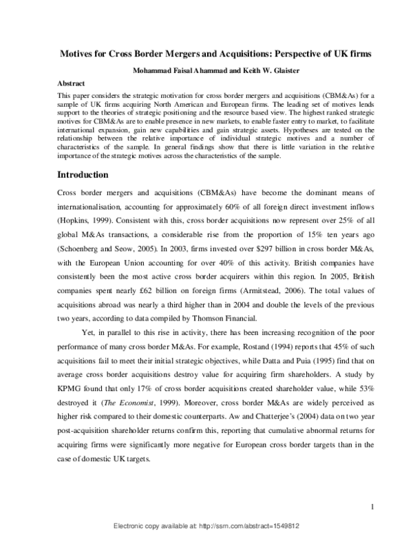 (PDF) Motives for Cross-border Mergers and Acquisitions