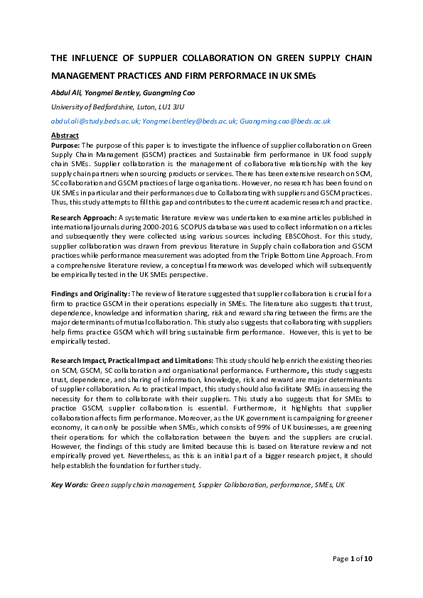 (PDF) The influence of supplier collaboration on green supply chain ...