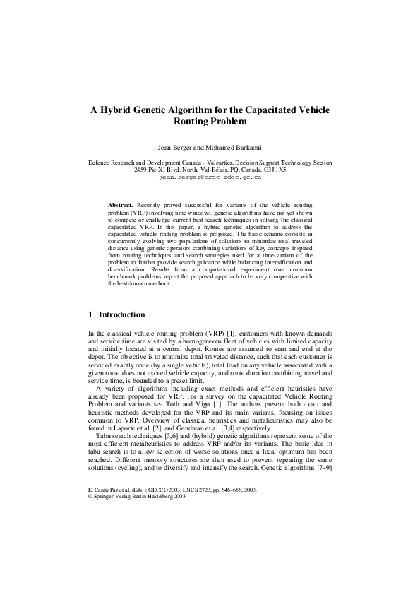 (PDF) A Hybrid Genetic Algorithm for the Capacitated Vehicle Routing ...