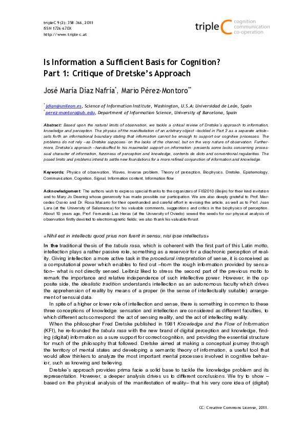 (PDF) Is Information a Sufficient Basis for Cognition? Part 1: Critique ...
