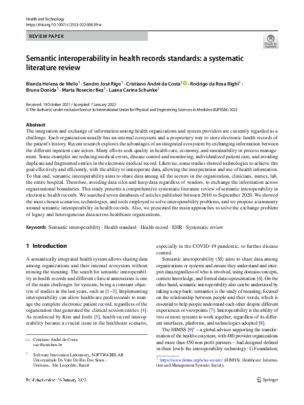 (PDF) Semantic interoperability in health records standards: a ...