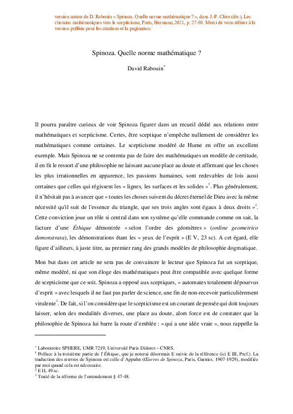 (PDF) Spinoza. Quelle norme mathématique (preprint)