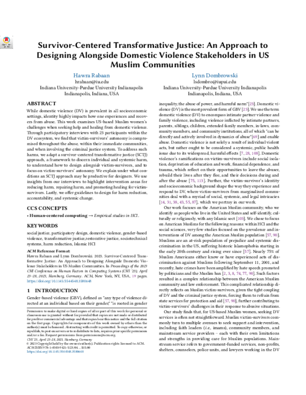 Survivor-Centered Transformative Justice: An Approach to Designing Alongside Domestic Violence Stakeholders in US Muslim Communities
