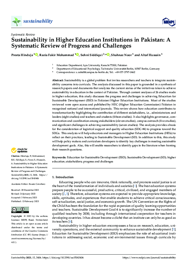 (PDF) Sustainability in Higher Education Institutions in Pakistan: A ...