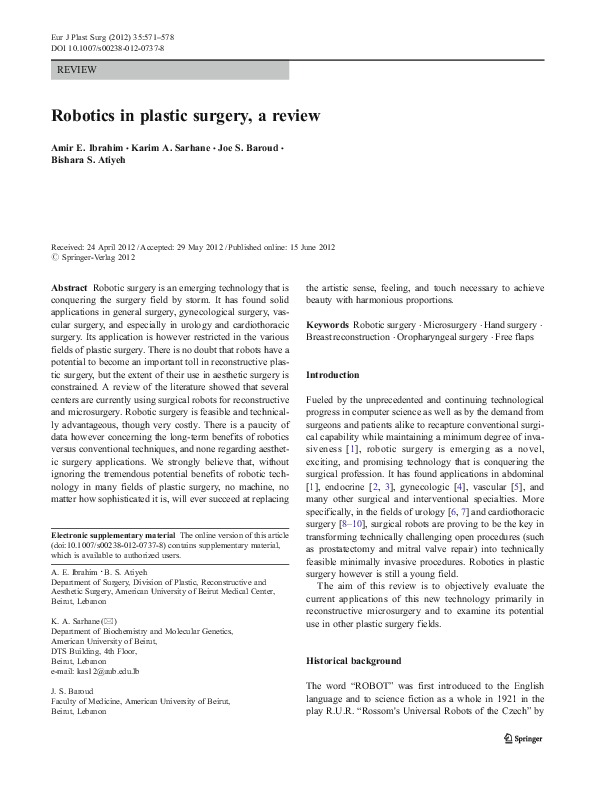 (PDF) Robotics in plastic surgery, a review