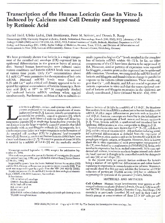 Transcription of the Human Loricrin Gene In Vitro Is Induced by Calcium and Cell Density and Suppressed by Retinoic Acid