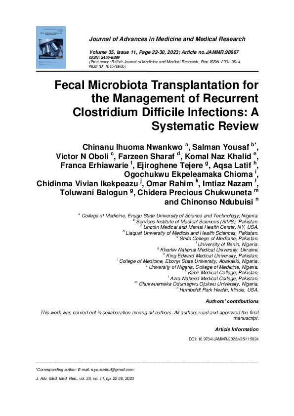 (PDF) Fecal Microbiota Transplantation for the Management of Recurrent ...