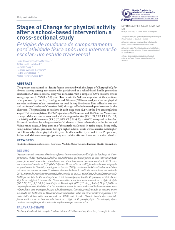 (PDF) Stages of Change for physical activity after a school-based ...