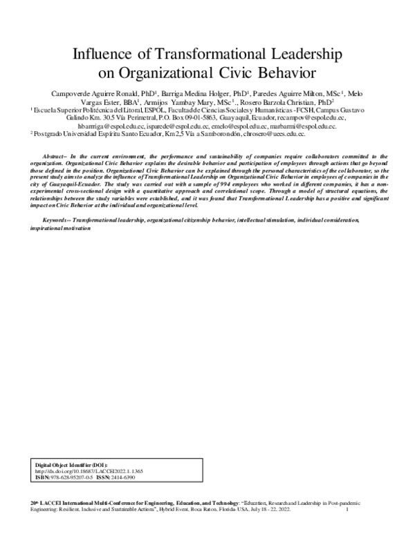 (PDF) Influence of Transformational Leadership on Organizational Civic ...