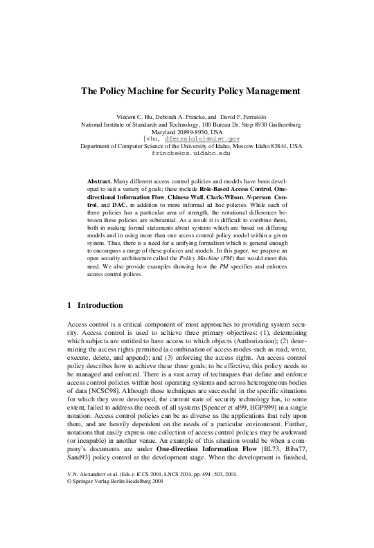 (PDF) The Policy Machine for Security Policy Management