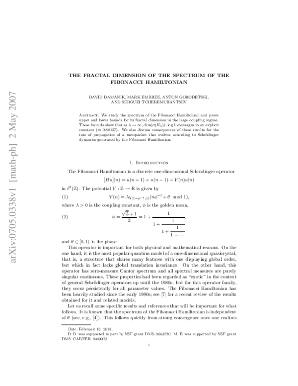 (PDF) The Fractal Dimension of the Spectrum of the Fibonacci Hamiltonian