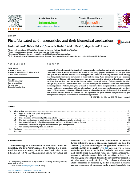 (PDF) Phytofabricated gold nanoparticles and their biomedical applications