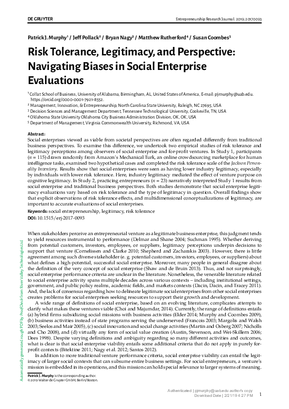 (PDF) Risk Tolerance, Legitimacy, and Perspective: Navigating Biases in ...