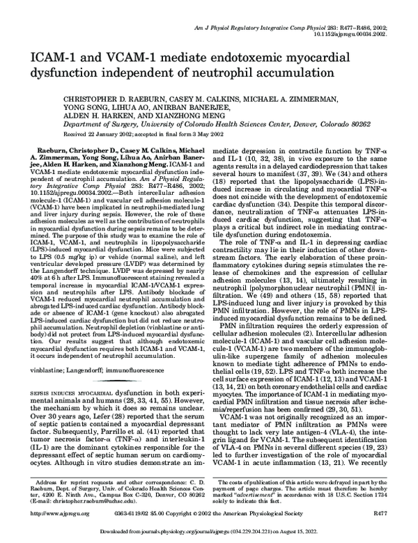 (PDF) ICAM-1 and VCAM-1 mediate endotoxemic myocardial dysfunction ...