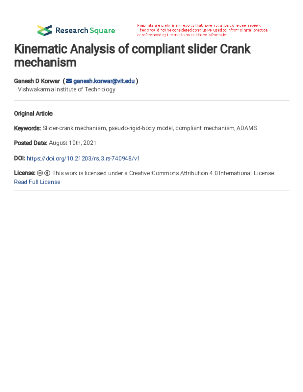 (PDF) Kinematic Analysis of compliant slider Crank mechanism