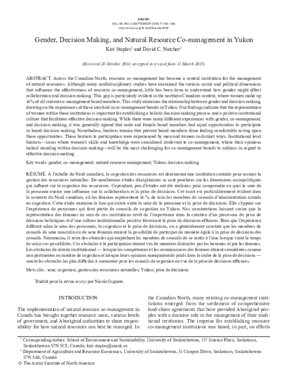 (PDF) Gender, Decision Making, and Natural Resource Co-management in Yukon