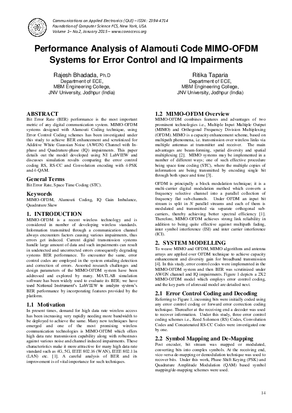 (PDF) Performance Analysis of Alamouti Code MIMO-OFDM Systems for Error ...