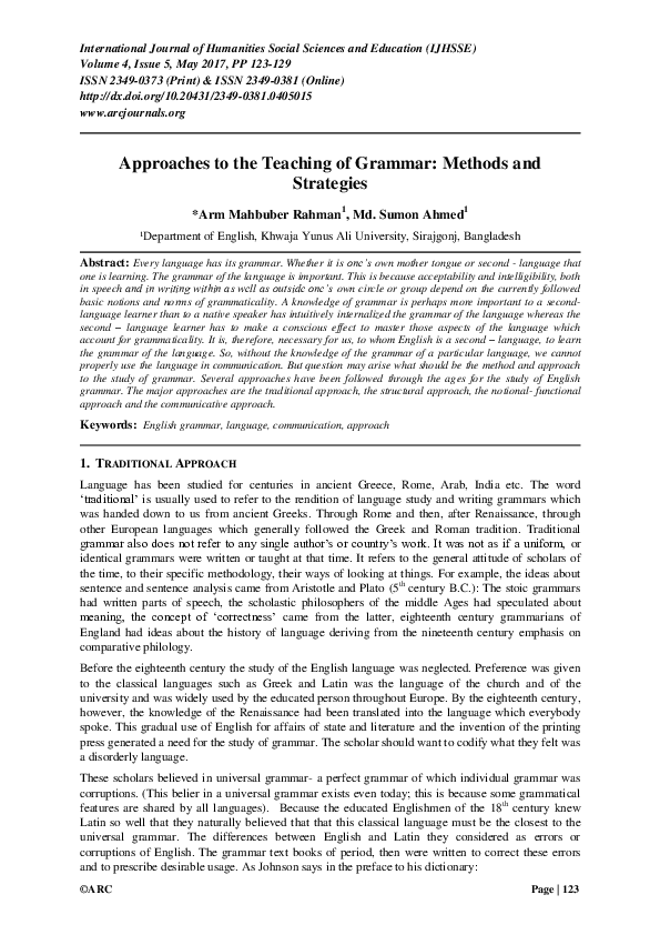 (PDF) Approaches to the Teaching of Grammar: Methods and Strategies
