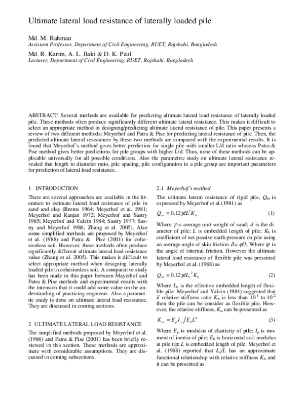 (PDF) Ultimate lateral load resistance of laterally loaded pile