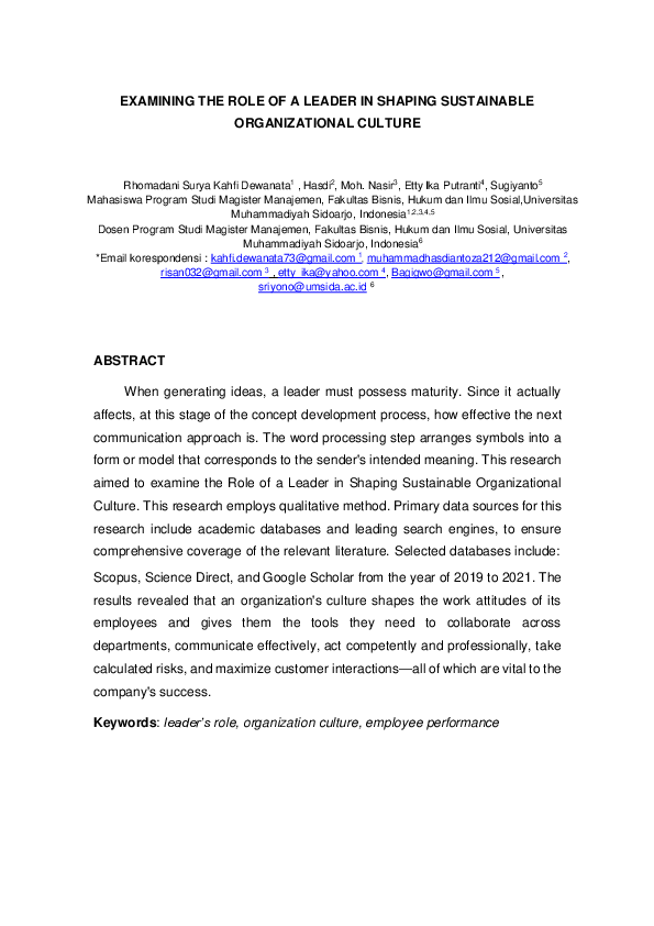 (PDF) EXAMINING THE ROLE OF A LEADER IN SHAPING SUSTAINABLE ...