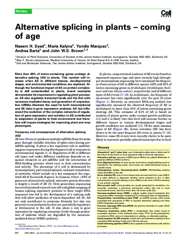 (PDF) Alternative splicing in plants – coming of age