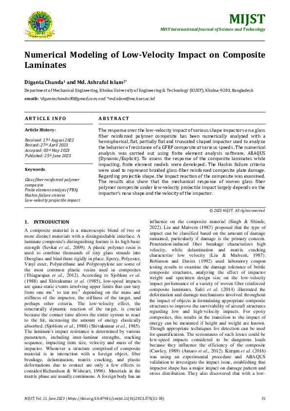 (PDF) Numerical Modeling of Low-Velocity Impact on Composite Laminates
