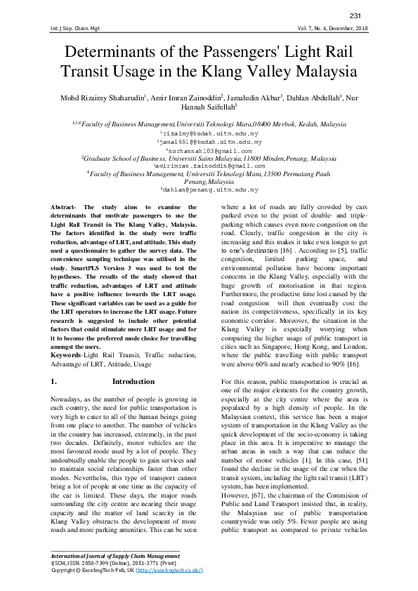 (PDF) Determinants of the Passengers' Light Rail Transit Usage in the ...