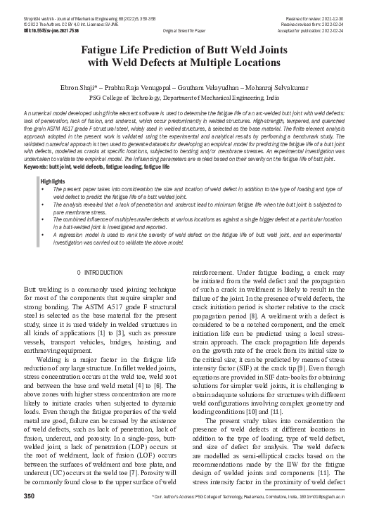 (PDF) Fatigue Life Prediction of Butt Weld Joint with Weld Defects at ...