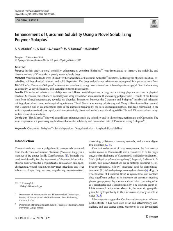 (PDF) Enhancement of Curcumin Solubility Using a Novel Solubilizing ...