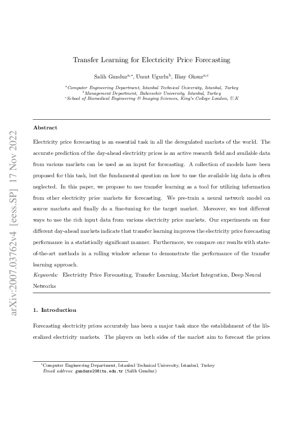 (PDF) Transfer learning for electricity price forecasting