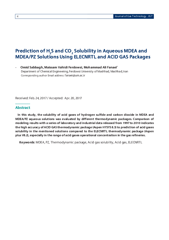 (PDF) Prediction of H2S and CO2 Solubility in Aqueous MDEA and MDEA/PZ ...